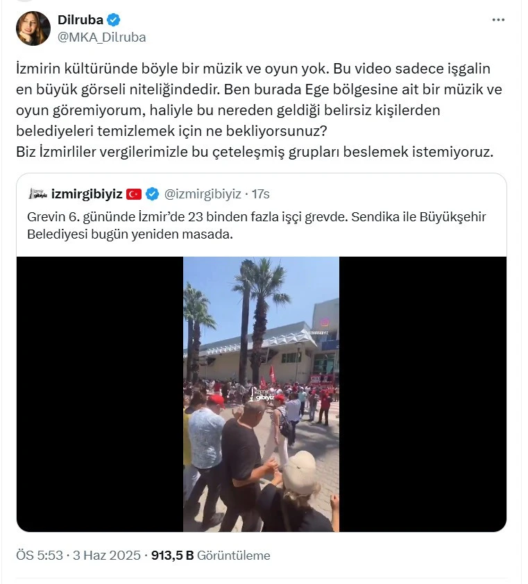 "İşgalin En Büyük Görseli" ve "Çeteleşmiş Gruplar" İddiası Kayserilioğlu, sosyal medya hesabından yaptığı skandal paylaşımda şu ifadeleri kullandı: "İzmir'in kültüründe böyle bir müzik ve oyun yok. Bu video sadece işgalin en büyük görseli niteliğindedir. Ben burada Ege bölgesine ait bir müzik ve oyun göremiyorum, haliyle bu nereden geldiği belirsiz kişilerden belediyeleri temizlemek için ne bekliyorsunuz? Biz İzmirliler vergilerimizle bu çeteleşmiş grupları beslemek istemiyoruz." Bu sözler, özellikle sosyal medyada büyük yankı uyandırdı. Kullanıcılar, Kayserilioğlu'nun "ırkçılığa varan" ifadeler kullandığını ve işçilerin grev hakkını hedef aldığını belirterek sert tepkiler gösterdi. Kamuoyunun büyük bir kesiminden gelen eleştirilerle birlikte, Kayserilioğlu'nun bu paylaşımının geniş yankı uyandırmaya devam etmesi bekleniyor.